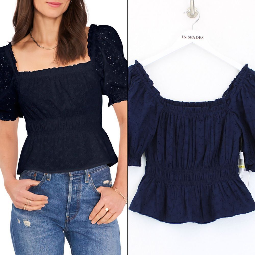 1.STATE Eyelet Peplum Cotton Top in Navy Blue